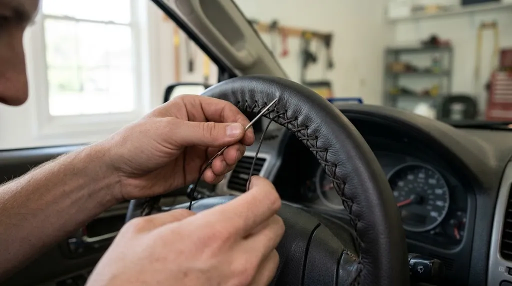 Hands meticulously hand-stitching a lace-on steering wheel cover.