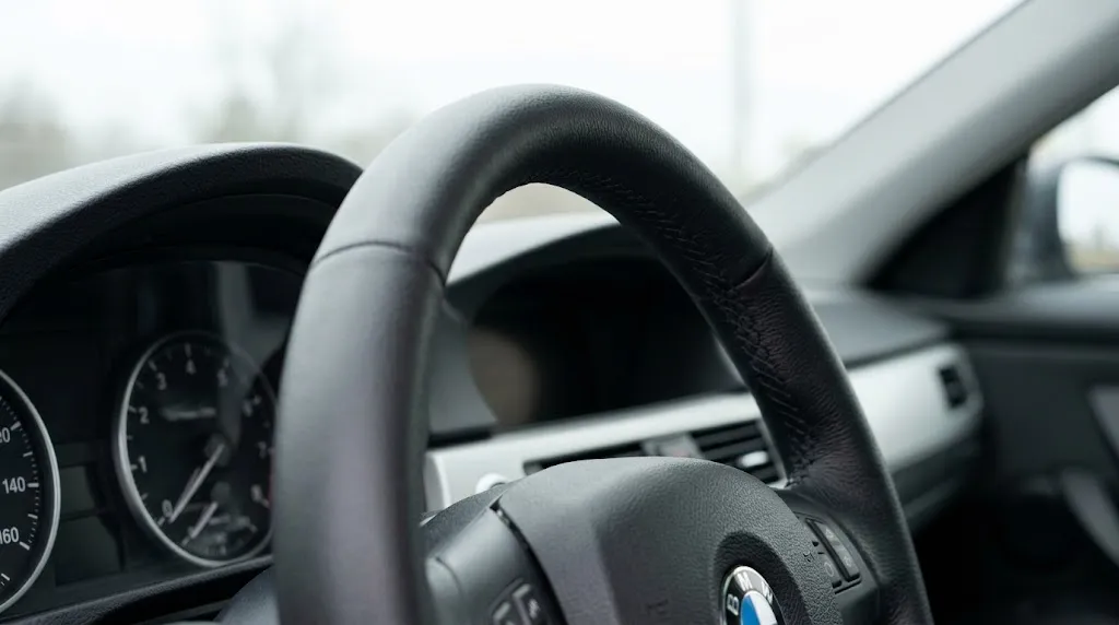 Close up of a professionally stitched leather steering wheel cover.