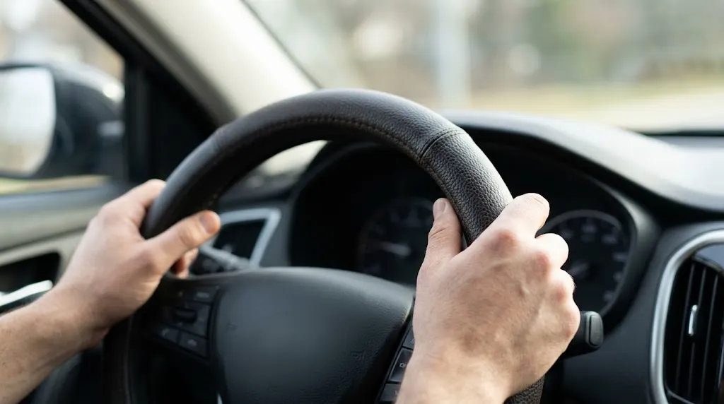 Driver holding a textured leather steering wheel cover for improved grip.