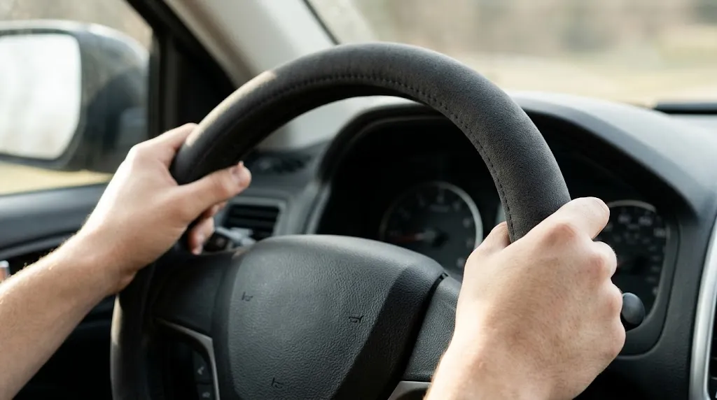 Driver's hands holding a textured microfiber steering wheel cover for secure grip.