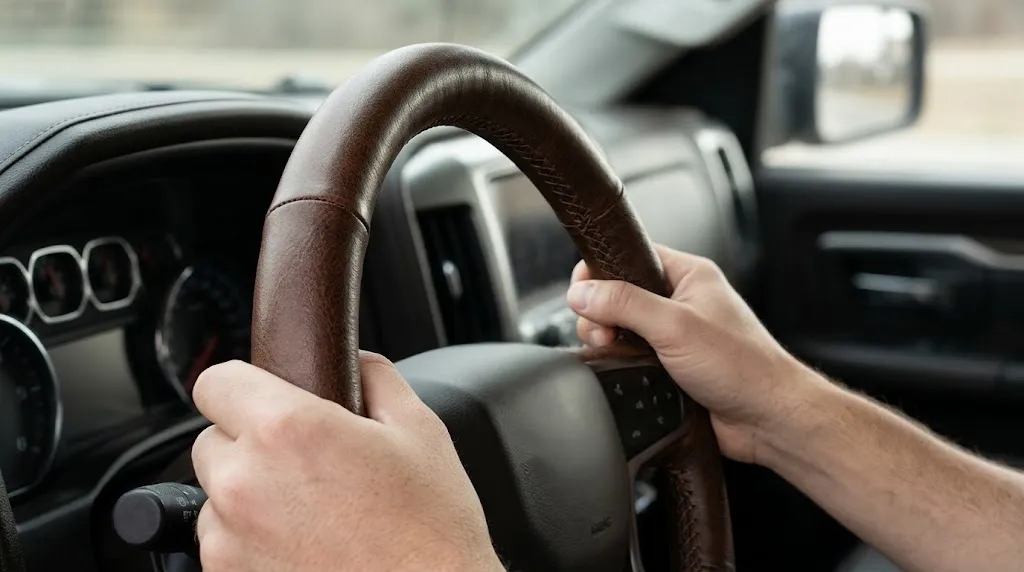 Driver holding a steering wheel wrapped in high-quality full-grain leather.
