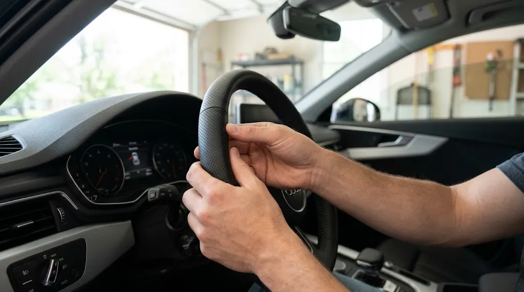 Person checking low-profile steering wheel cover dimensions and texture.