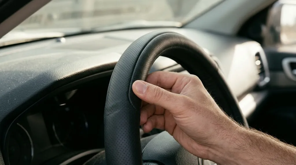 Driver examining thick padded profile and textured grip of a steering wheel cover.