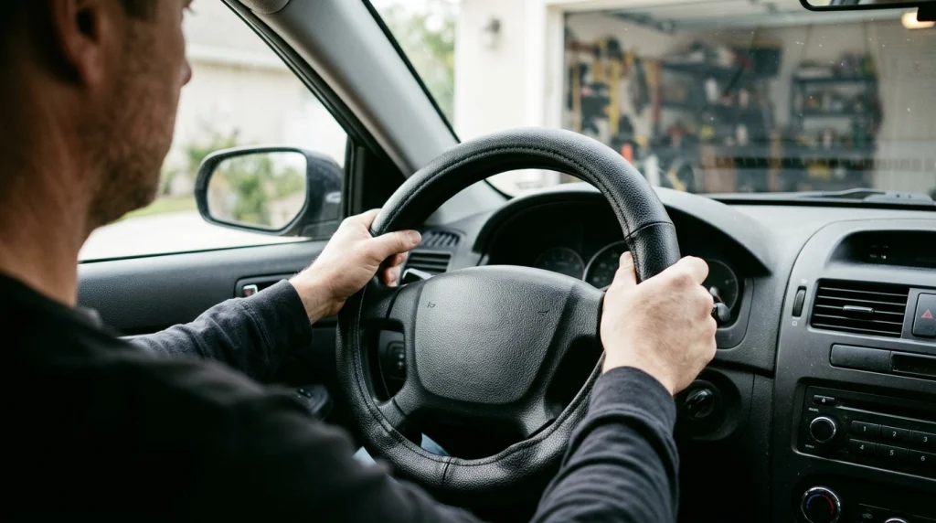 Hands fitting a tight steering wheel cover evenly over the top and sides of a parked car's steering wheel.