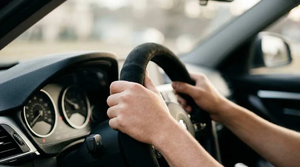 Driver's hands holding a textured microfiber suede steering wheel cover in natural daylight.