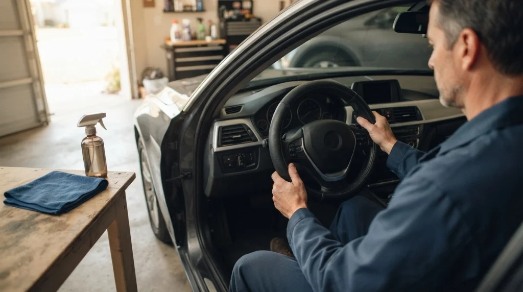 Driver inspecting a fitted steering wheel cover and cleaning supplies inside a home garage.