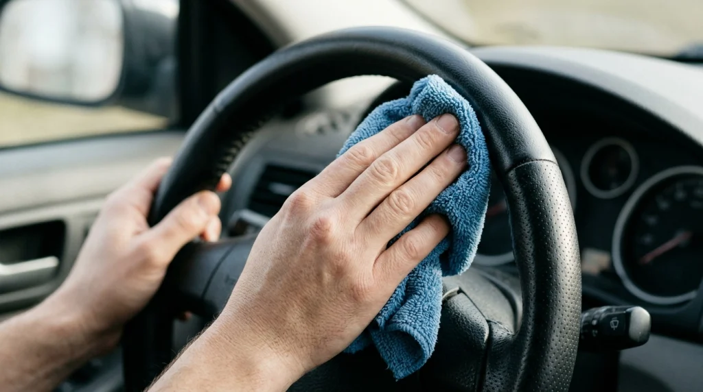 Cleaning a steering wheel cover with a microfiber cloth and cleaner.