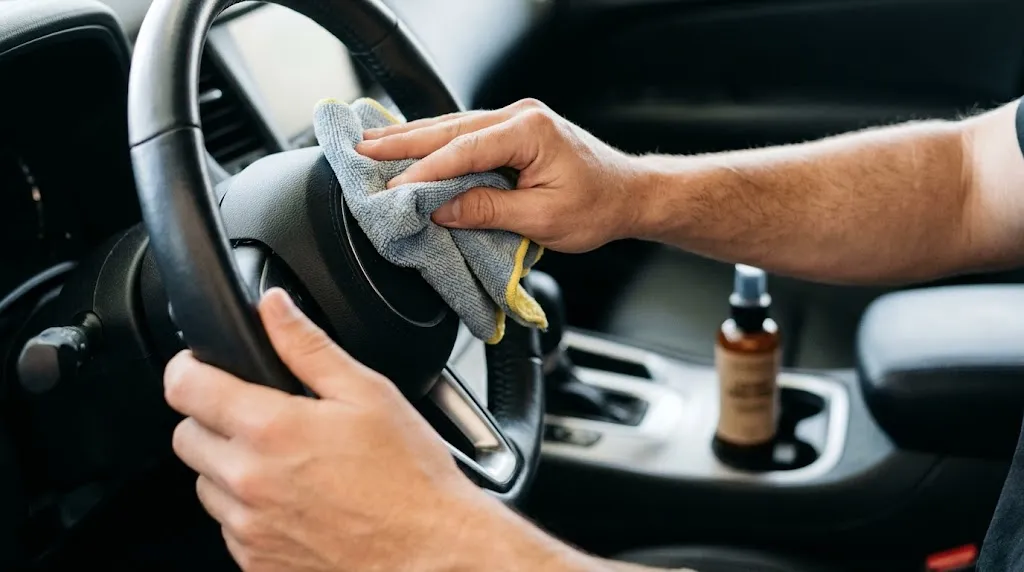 Applying leather conditioner to a steering wheel cover with a microfiber cloth.
