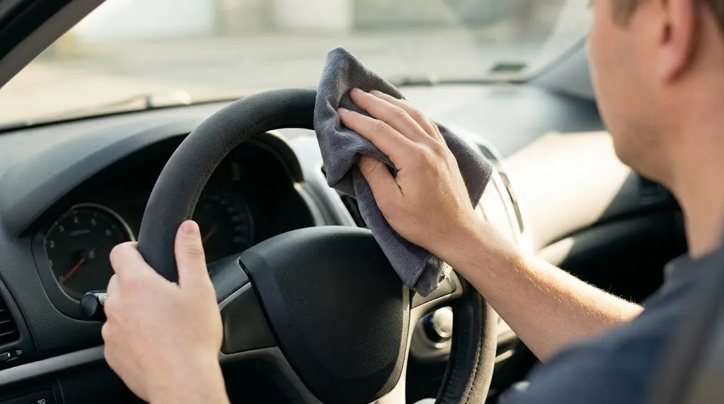 Cleaning a microfiber steering wheel cover with a soft cloth for regular upkeep.