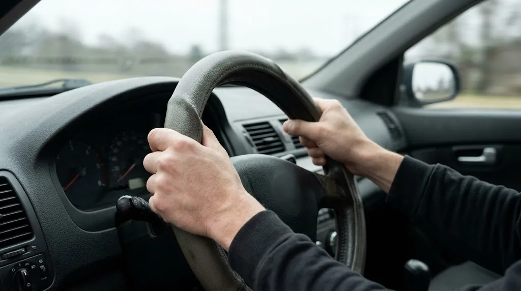Close-up of hands demonstrating steering wheel cover slippage and safety risks.