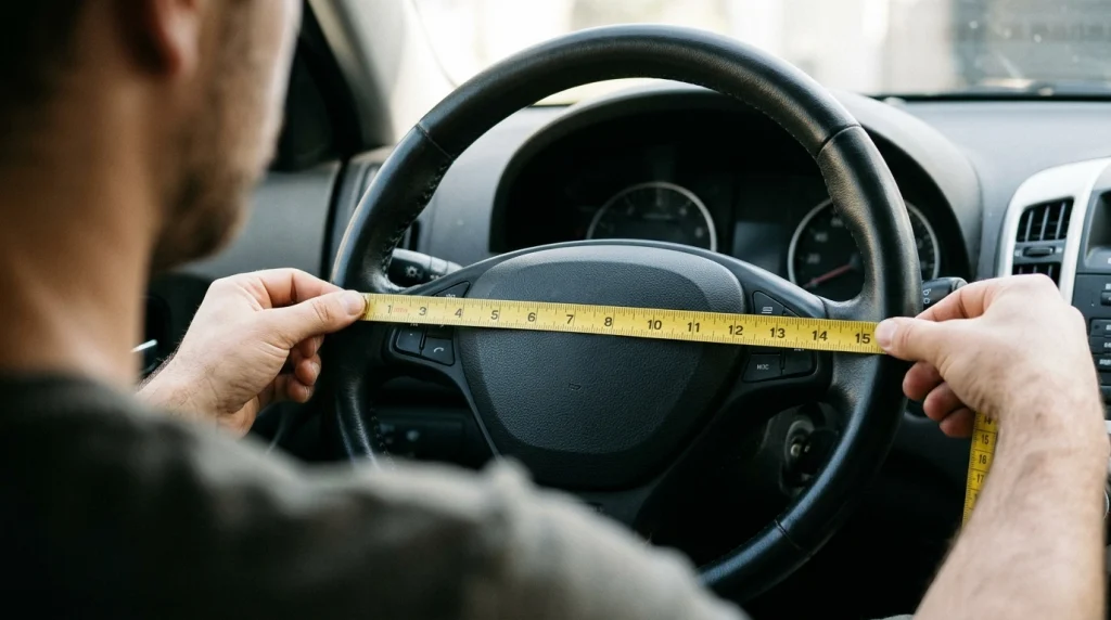 Hands measuring car steering wheel diameter with a flexible tape measure.