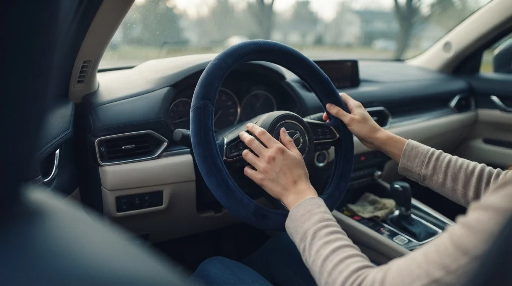 Driver holding a slim plush velvet steering wheel cover inside a modern car on a cool morning.