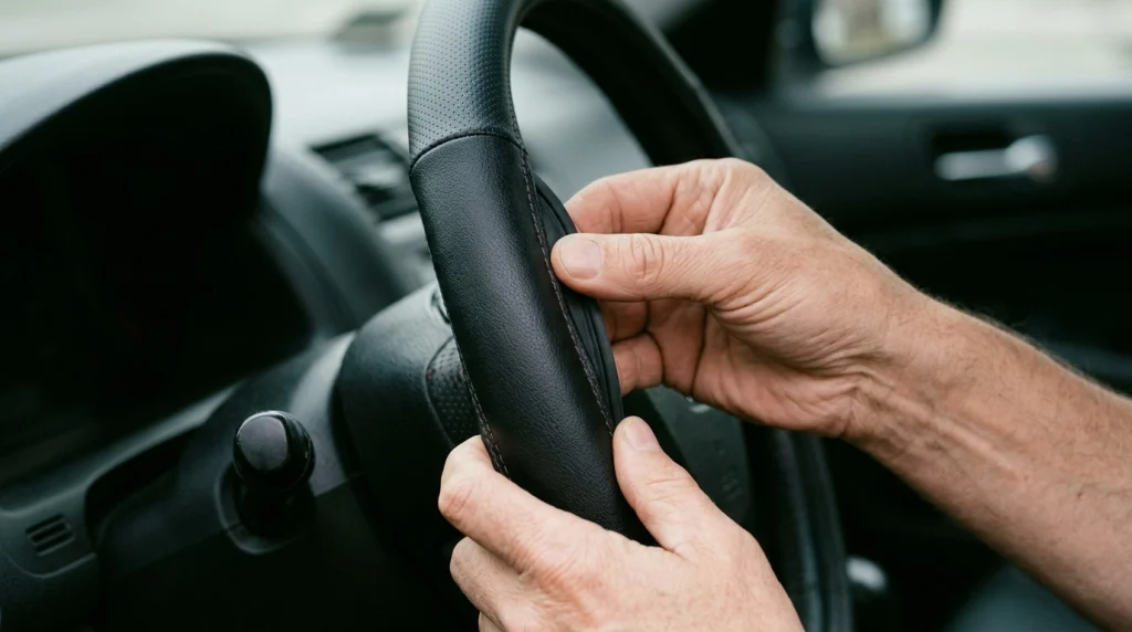 Hands checking the fit of a newly installed steering wheel cover.