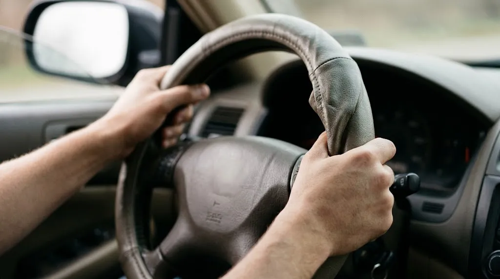 Driver hands holding a slipping steering wheel cover inside a car.