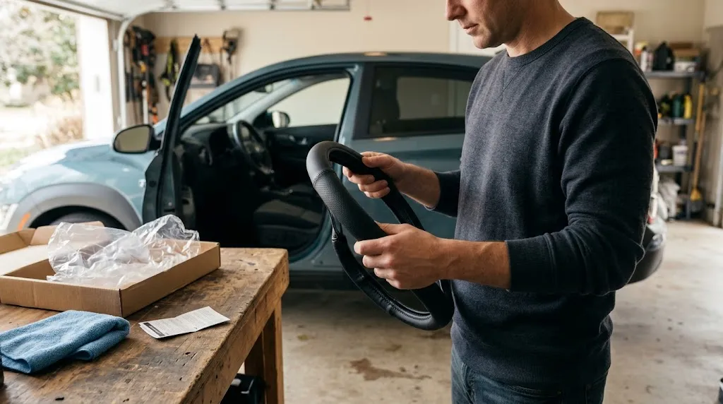 Driver inspecting the material and stitching of a new steering wheel cover before installation.