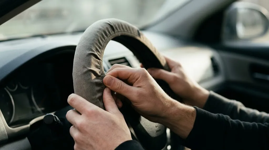 Close-up of hands on a steering wheel highlighting potential risks of cheap covers.