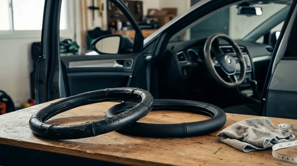 Peeling steering wheel cover beside a new replacement cover and an inspected original wheel