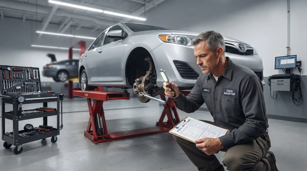 Automotive mechanic checking steering wheel condition during a vehicle safety inspection.