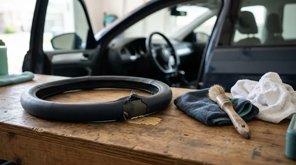 Worn steering wheel cover with loose stitching inspected beside safe cleaning supplies.