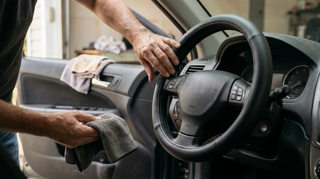 Driver checking the dry steering wheel cover for damage, secure fit, and surface condition.