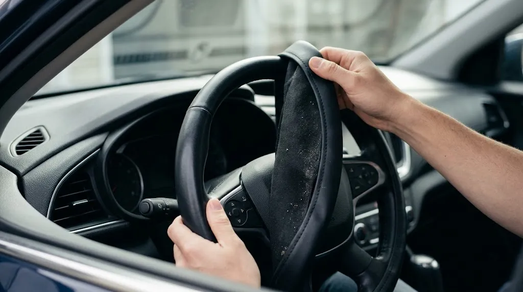 A removable steering wheel cover exposes subtle friction marks and trapped dirt on the original leather.