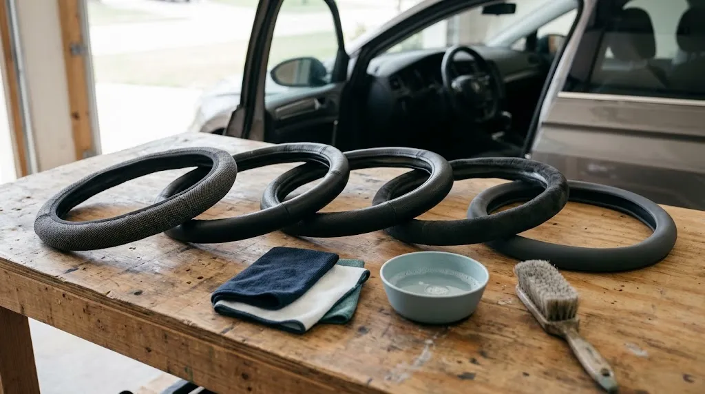 Fabric, leather, suede, faux leather, and silicone steering wheel covers arranged for cleaning.