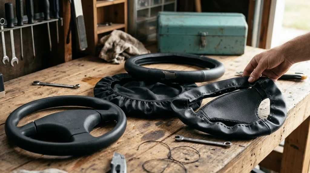 Elastic-lined, synthetic leather, and stitched steering wheel covers showing different material characteristics.