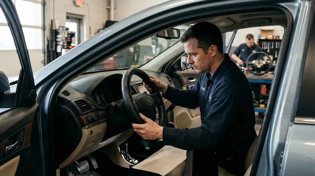 Automotive technician checking a steering wheel cover while a steering assembly is serviced in a garage.