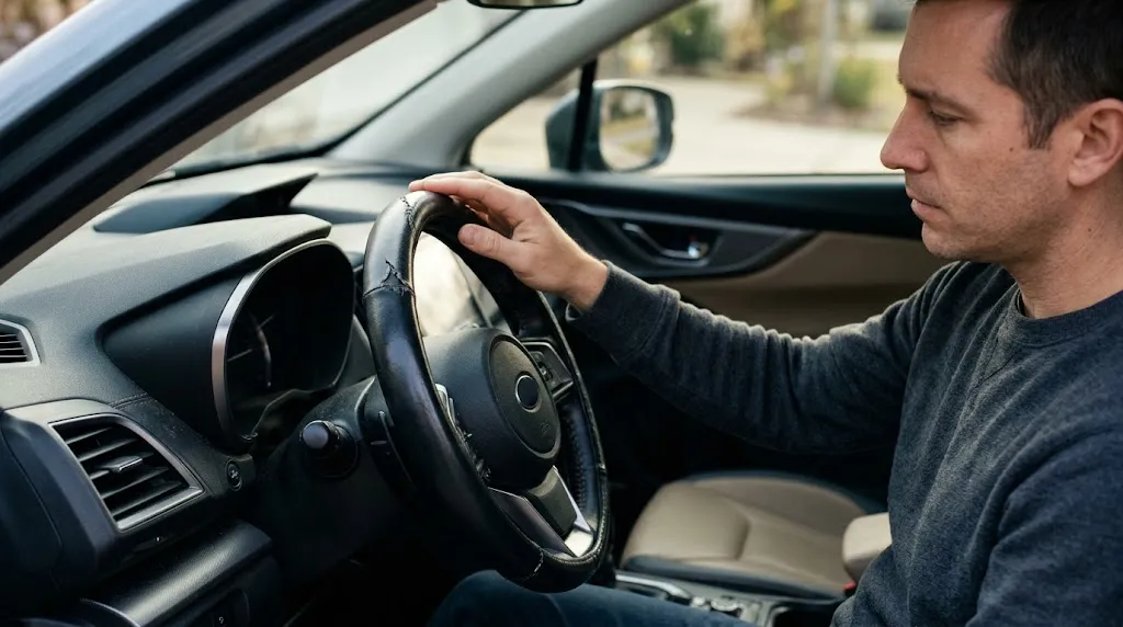 Driver inspecting a worn steering wheel cover with peeling material and frayed stitching.