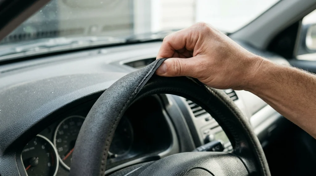 Driver performing a safety peel test on a loose steering wheel cover.