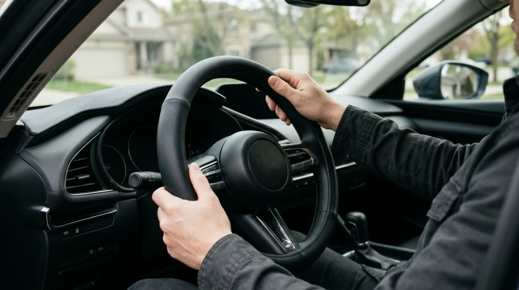 Driver checking a securely fitted steering wheel cover while keeping the center airbag cover unobstructed.