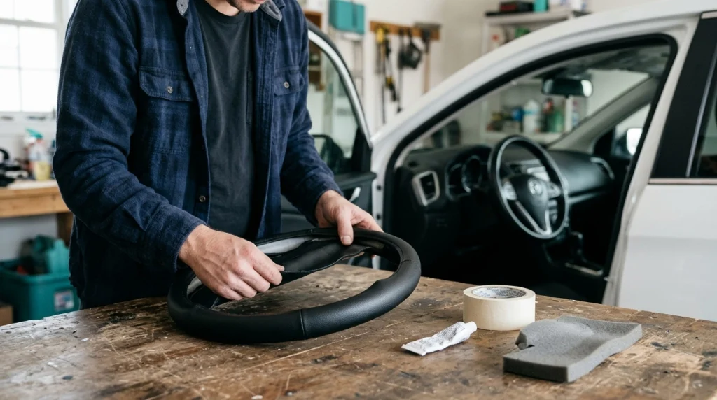 Removed steering wheel cover beside adhesive tape and padding, with the original airbag area unobstructed.