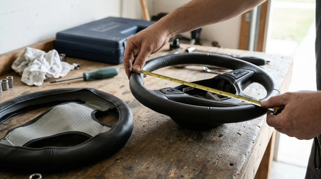 Measuring a car steering wheel's diameter beside a black cover to check sizing compatibility.