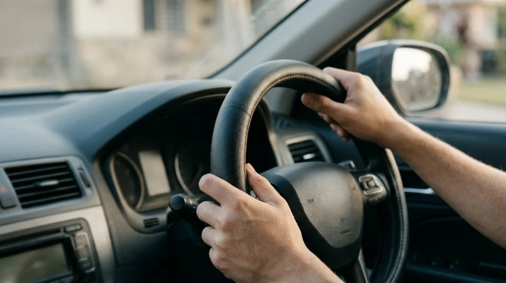 Driver's hands holding a snug, textured steering wheel cover inside a passenger car.