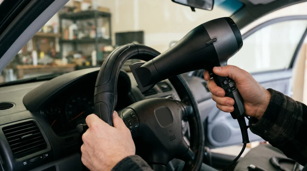 Using a hair dryer to warm up a stubborn steering wheel cover before removal.
