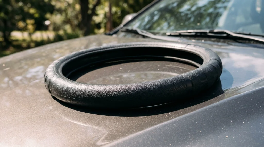 Steering wheel cover warming up in bright sunlight on a car hood.