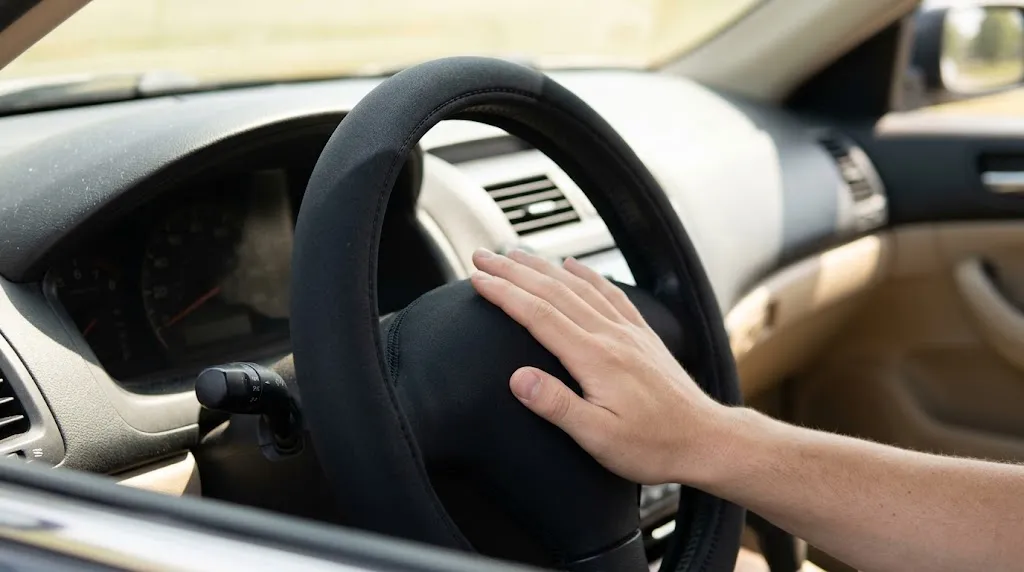 Driver's hand resting on a cool neoprene steering wheel cover in summer.
