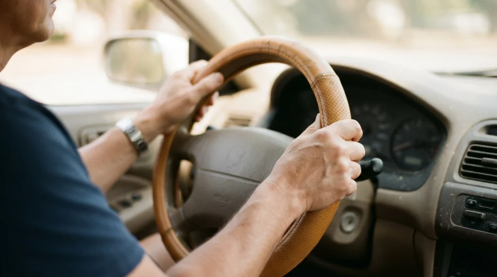 Driver's hands gripping a perforated breathable steering wheel cover in summer heat
