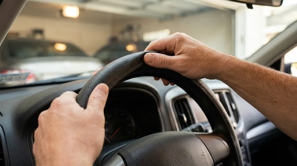 Hands installing a snug steering wheel cover from the top downward.