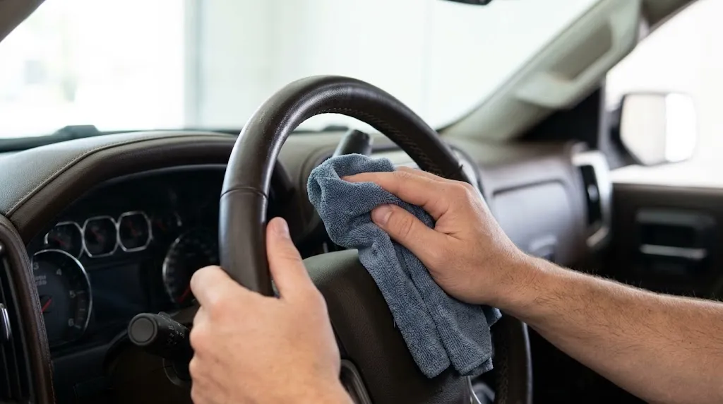 Cleaning and conditioning a full-grain leather steering wheel cover with a cloth.