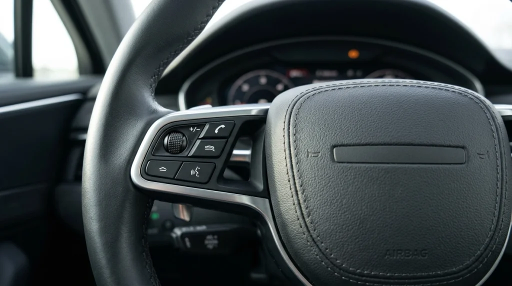 Close-up of multi-function control buttons on a modern vehicle steering wheel rim.