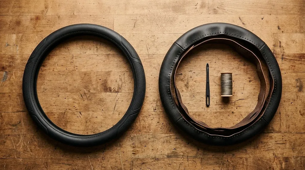 Flat lay of slip-on and lace-up steering wheel covers on a wooden workbench.