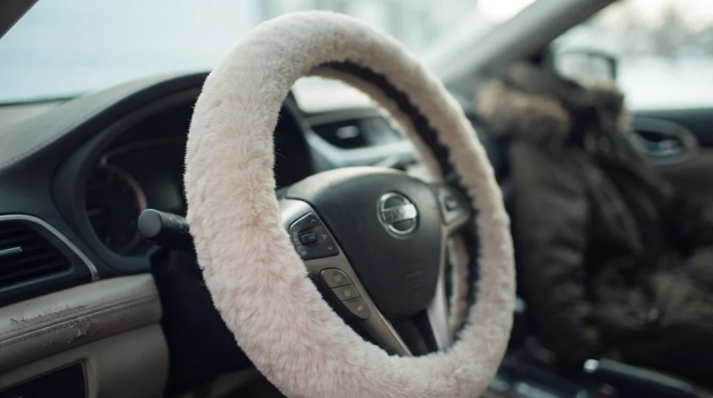 Close-up of a short faux-fur steering wheel cover in a sedan