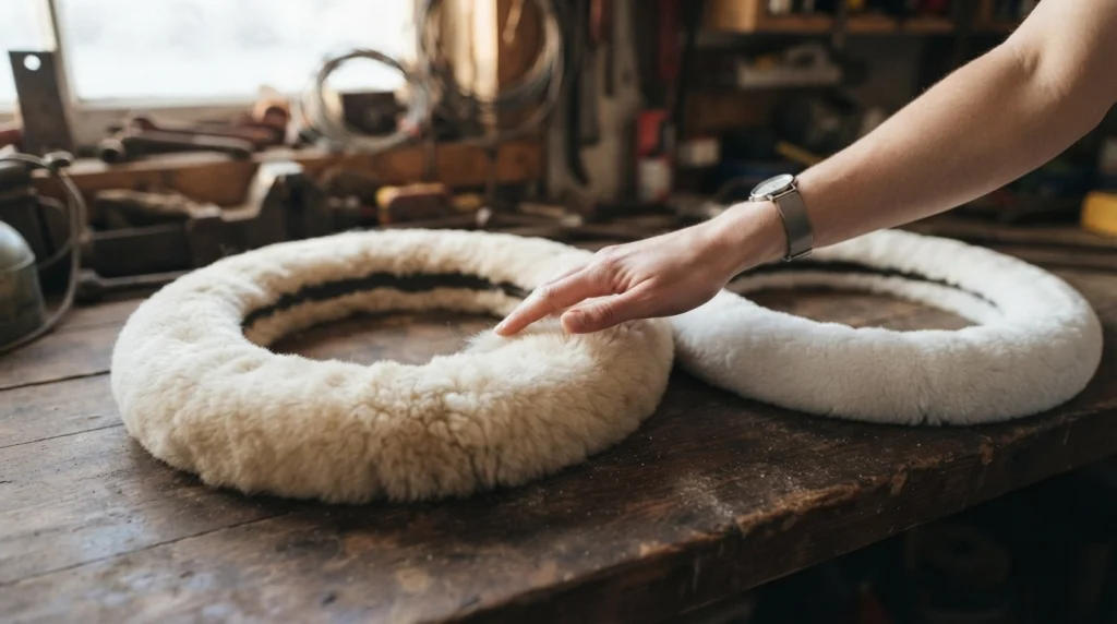 Close-up of real and faux sheepskin steering wheel covers showing short and long wool pile