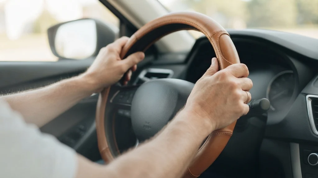 Close-up of a contoured leather steering wheel cover with padded side grips