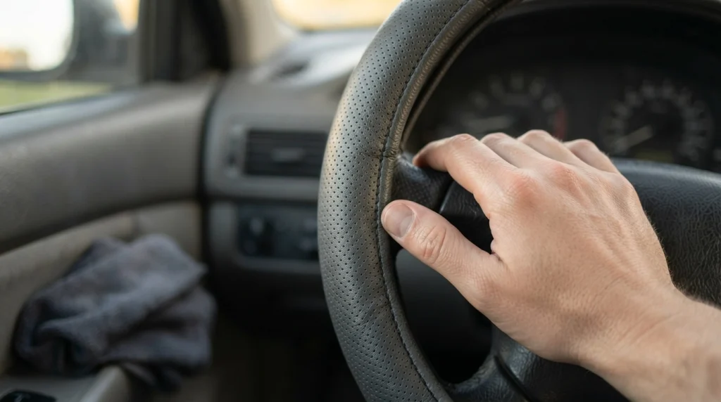 Close-up of perforated leather and microfiber steering wheel covers for sweaty hands