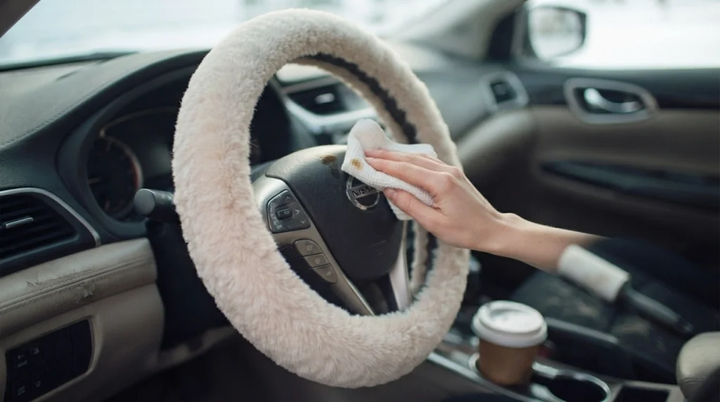 Dabbing a coffee stain from a fuzzy steering wheel cover