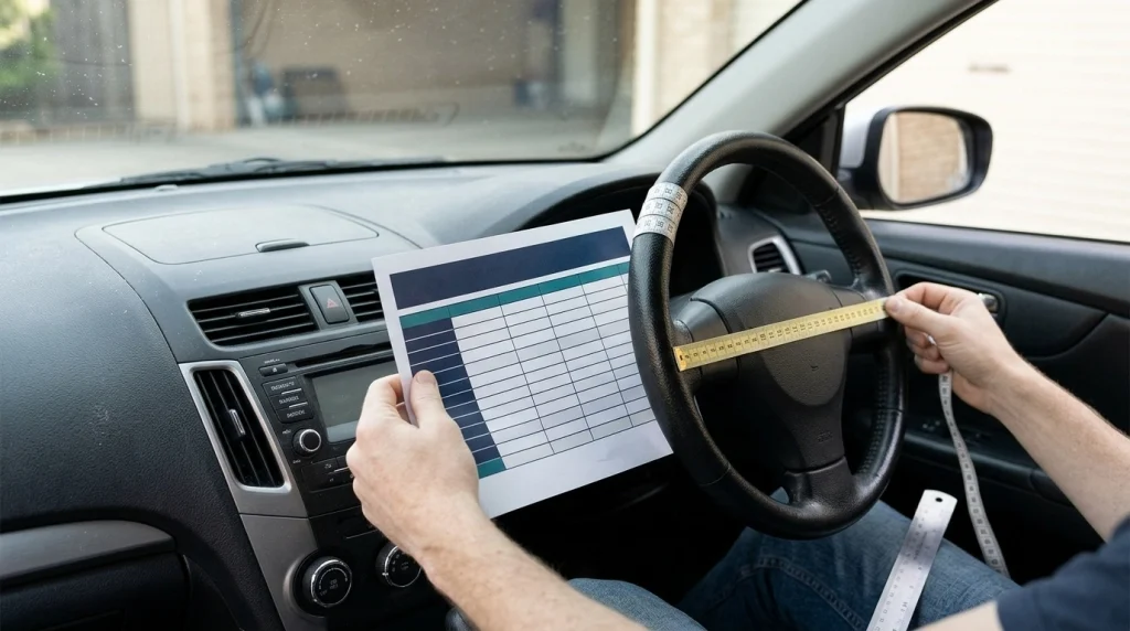 Car owner comparing steering wheel diameter and grip measurements with a generic cover size chart.