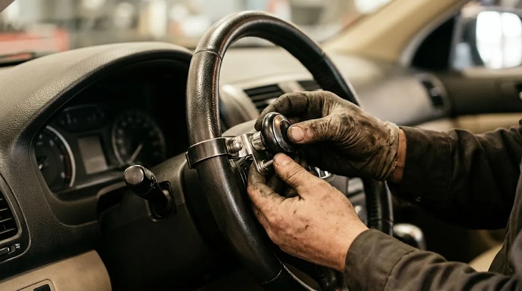 Close inspection of steering wheel knob mounting clamp before installation.