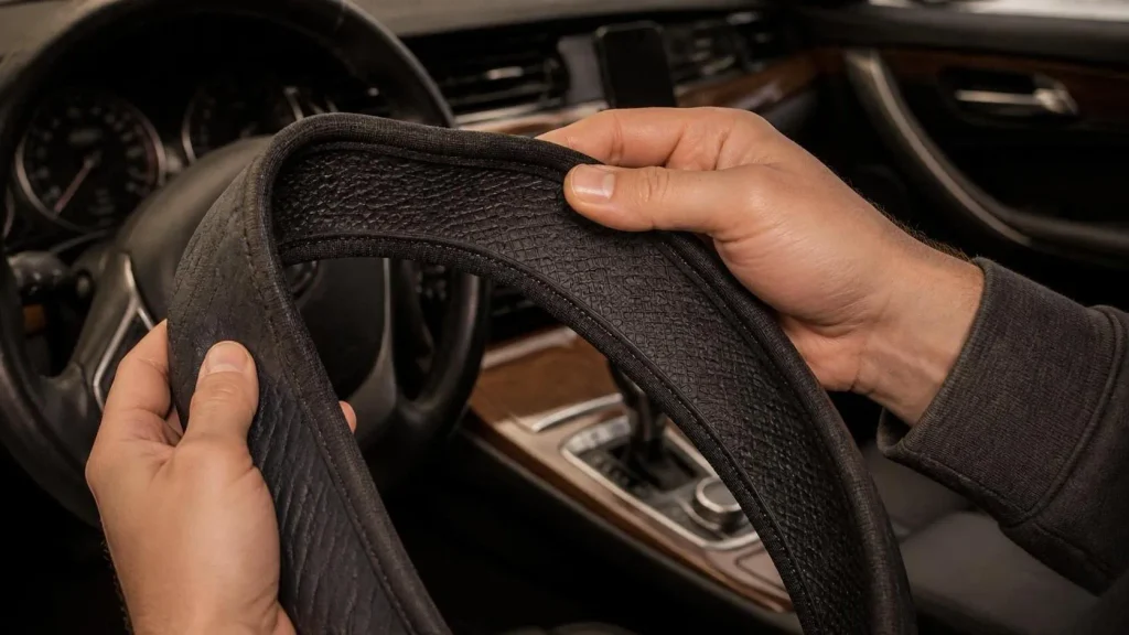 Checking the inner lining of a steering wheel cover for secure fit.
